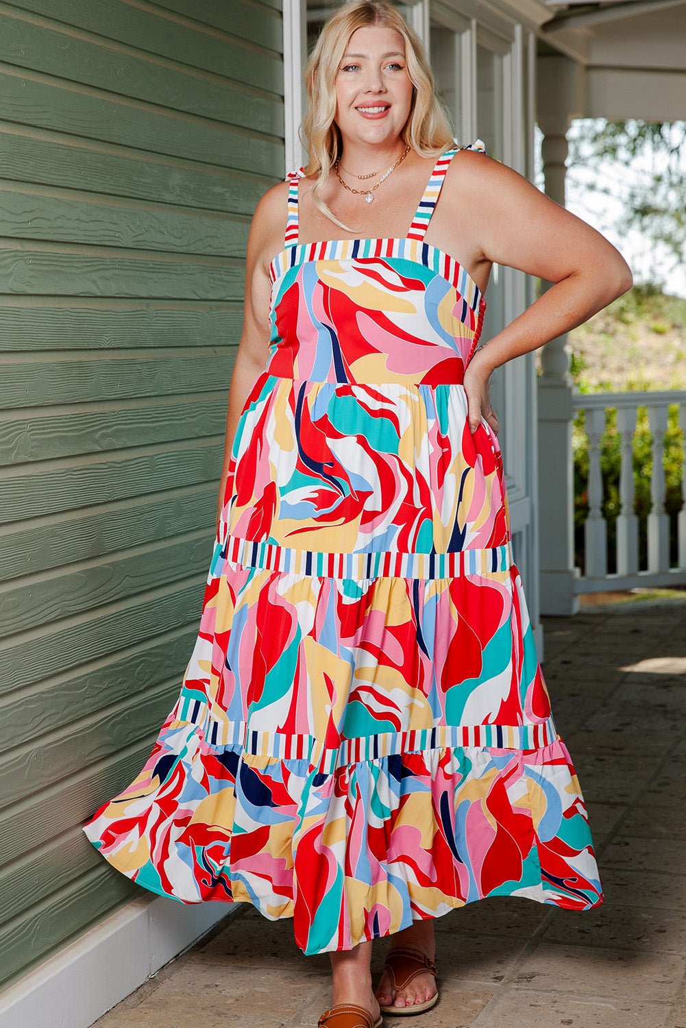 Plus Size Printed Tie Straps Straight Neck Maxi Dress - OMG! Rose