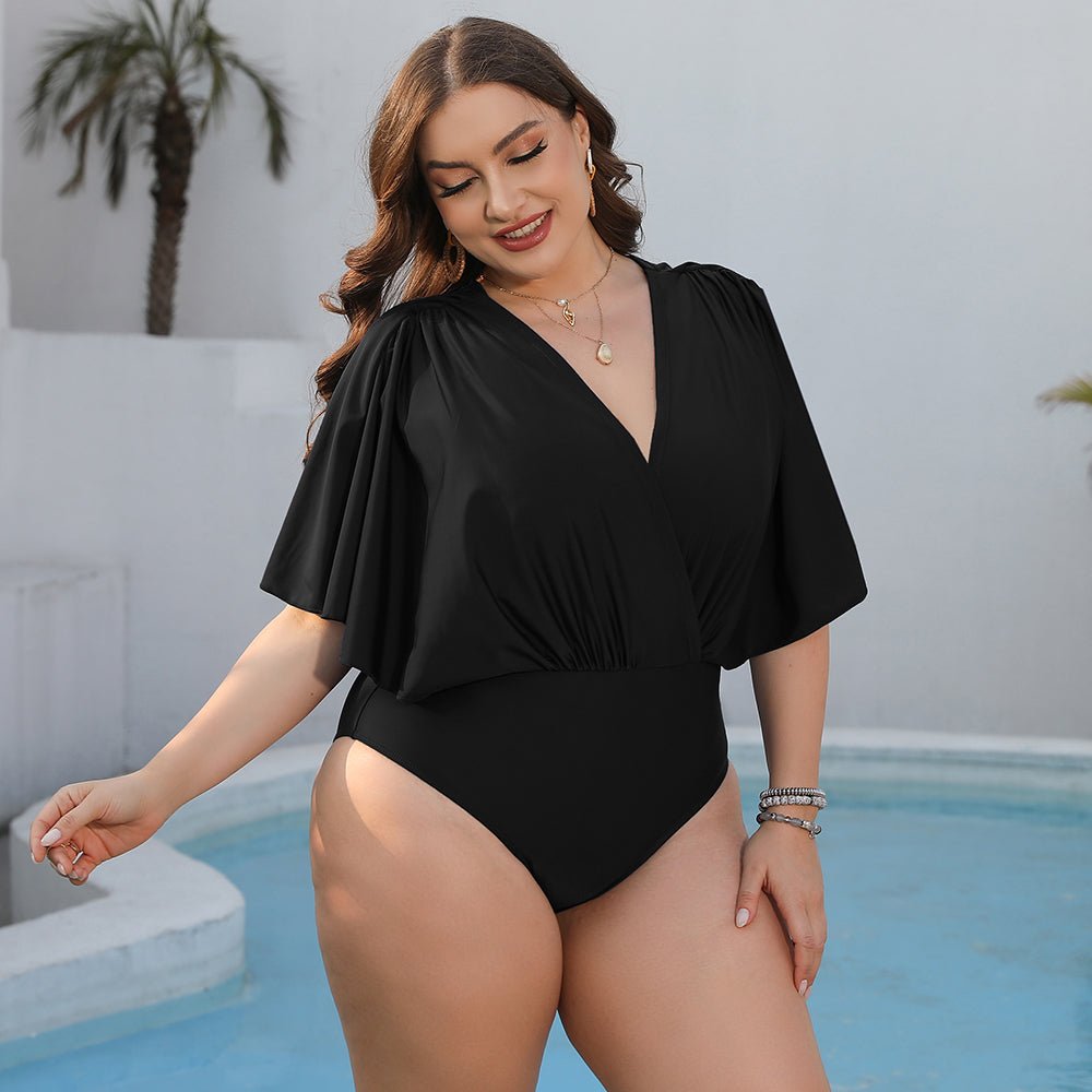 Plus Size Ruched Surplice Neck One-Piece Swimsuit - OMG! Rose
