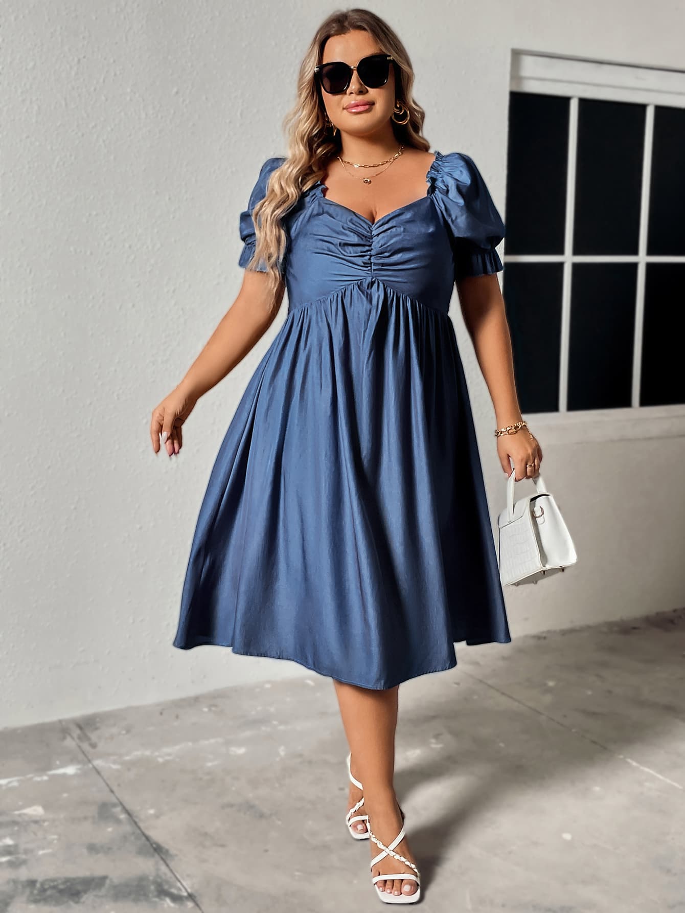 Plus Size Ruched Sweetheart Neck Dress - OMG! Rose