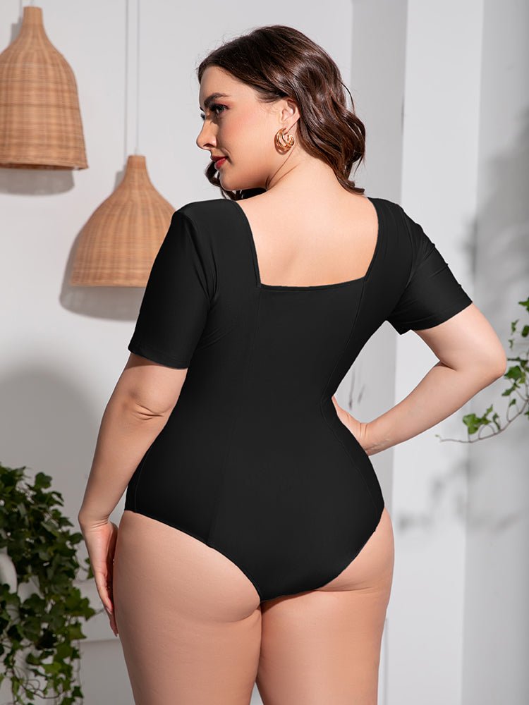 Plus Size Scoop Neck Short Sleeve One-Piece Swimsuit - OMG! Rose