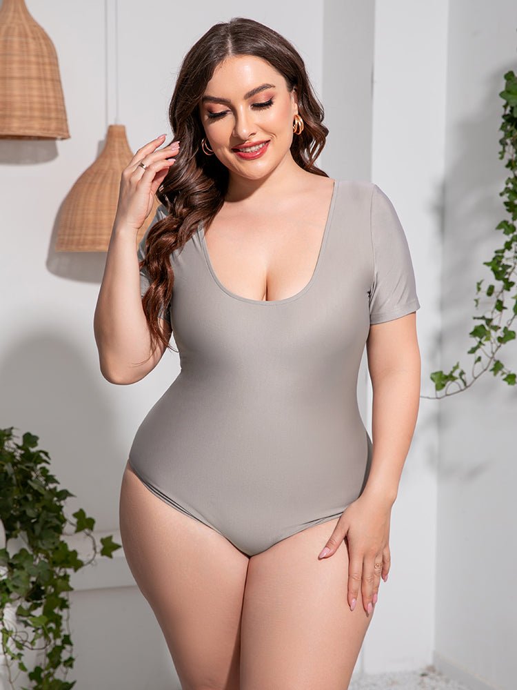 Plus Size Scoop Neck Short Sleeve One-Piece Swimsuit - OMG! Rose