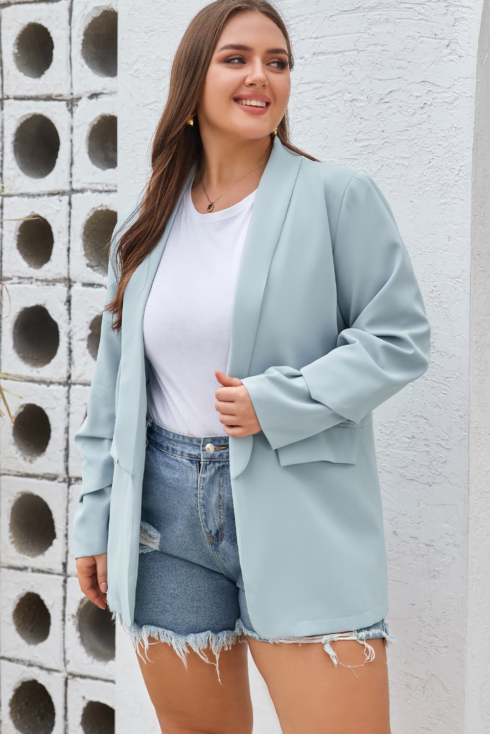 Plus Size Shawl Collar Long Sleeve Blazer - OMG! Rose