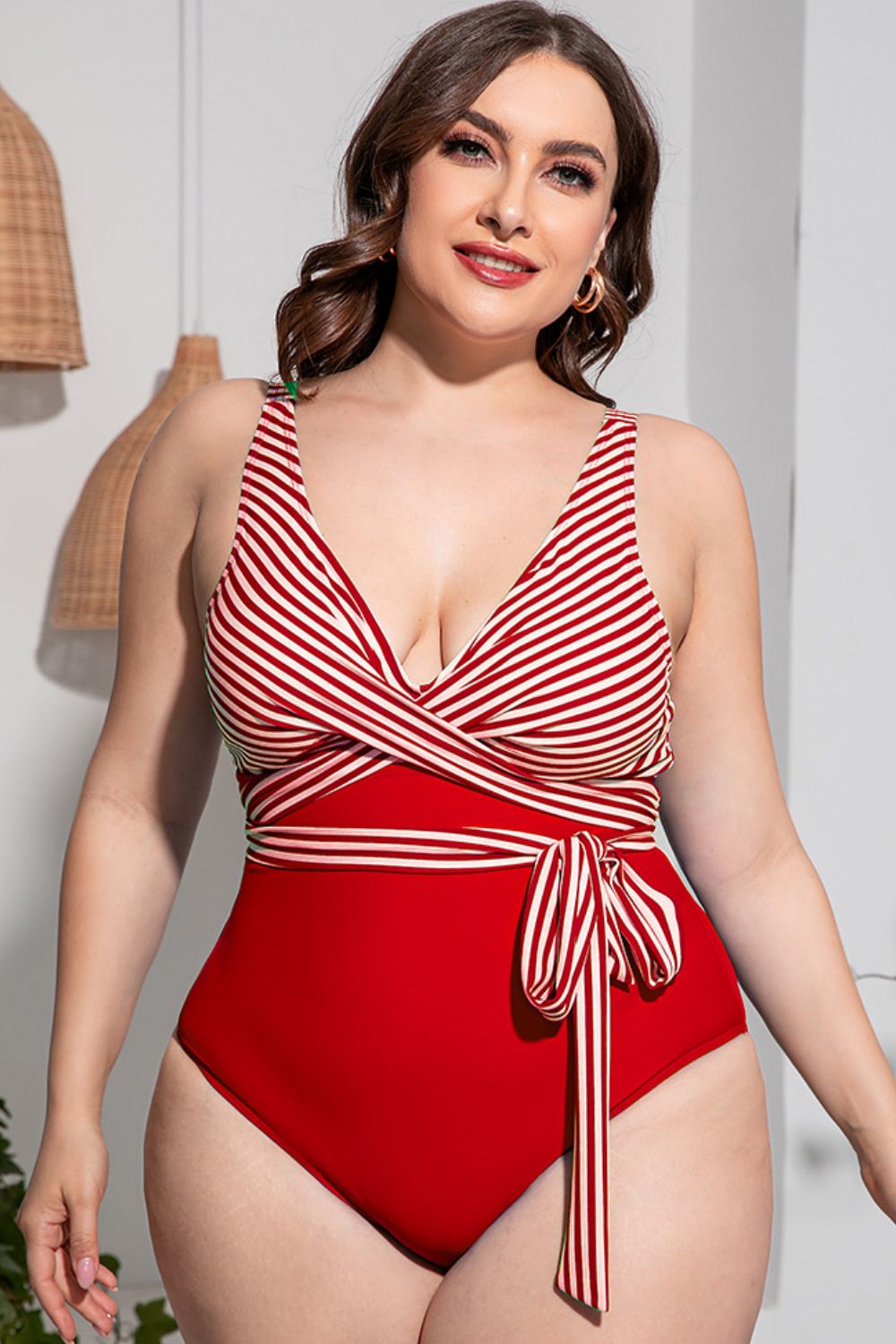 Plus Size Striped Tie-Waist One-Piece Swimsuit - OMG! Rose