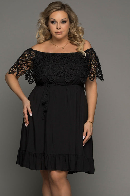 Plus Size Tassel Tie Spliced Lace Off-Shoulder Dress - OMG! Rose