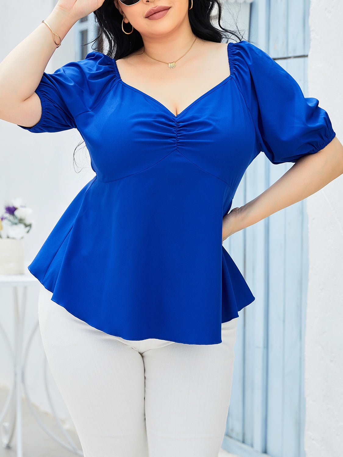Plus Size Tied Sweetheart Neck Balloon Sleeve Blouse - OMG! Rose