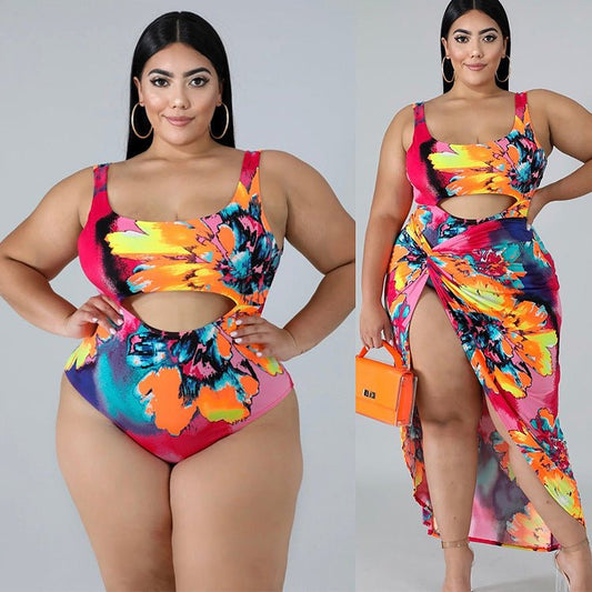 Plus Size Tropical One - Piece Swimsuit with Wrap - OMG! Rose
