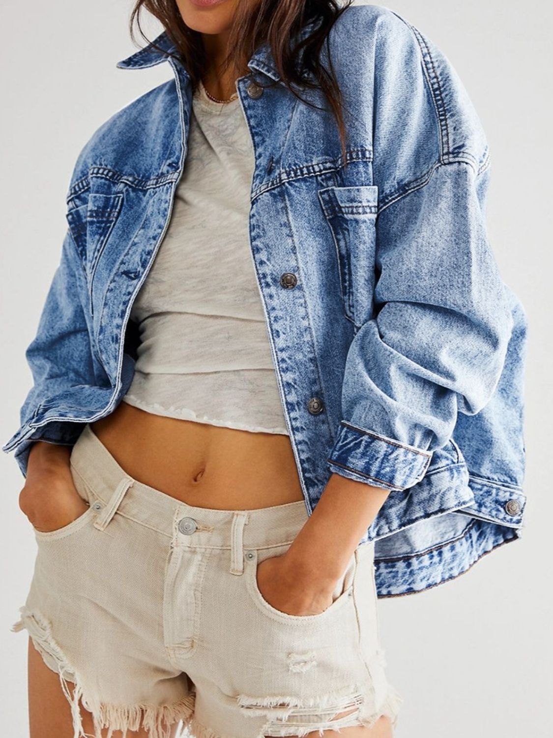 Pocketed Button Up Denim Jacket - OMG! Rose