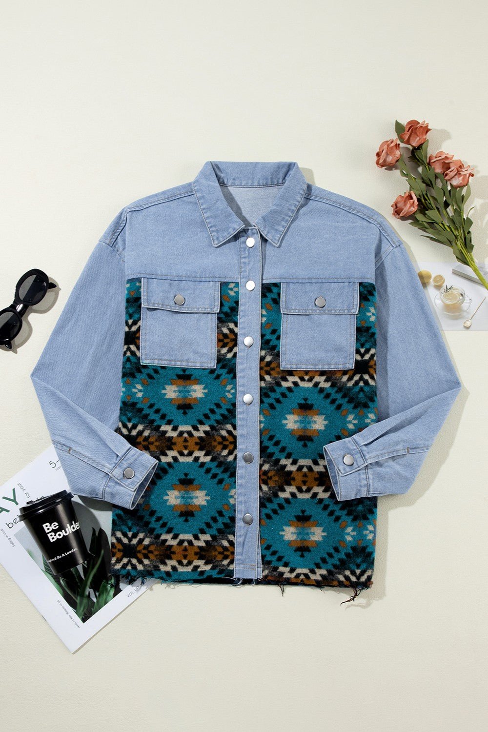 Pocketed Button Up Long Sleeve Denim Jacket - OMG! Rose