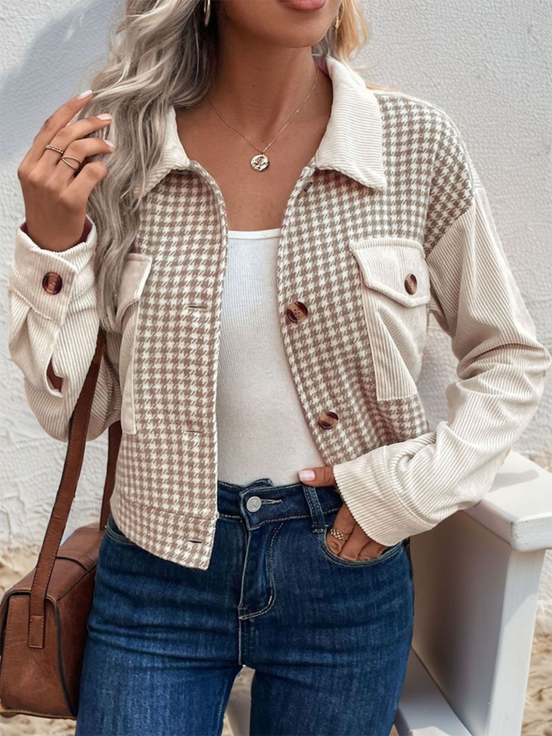 Pocketed Houndstooth Long Sleeve Jacket - OMG! Rose