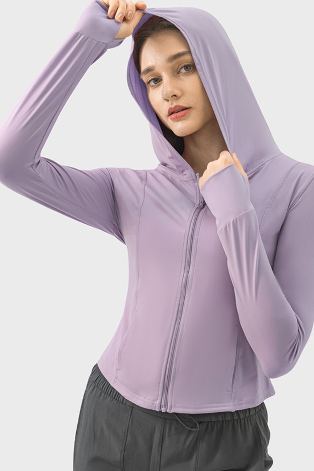 Pocketed Zip Up Hooded Long Sleeve Active Outerwear - OMG! Rose