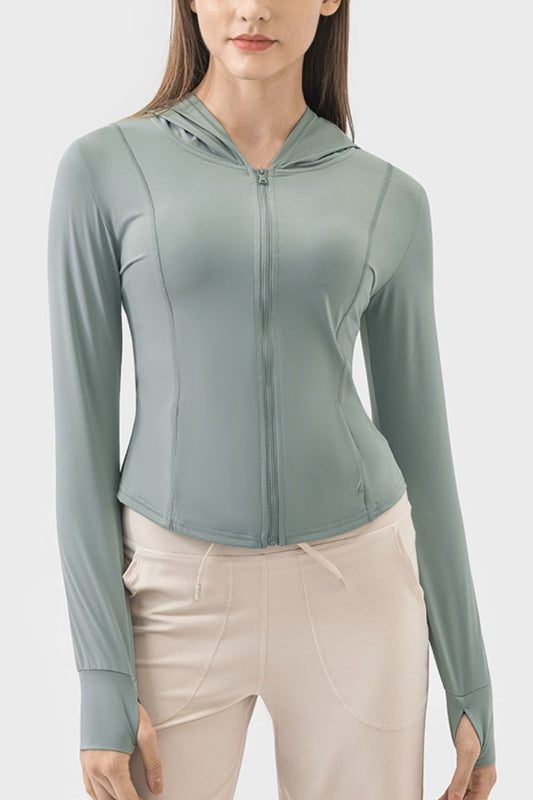 Pocketed Zip Up Hooded Long Sleeve Active Outerwear - OMG! Rose