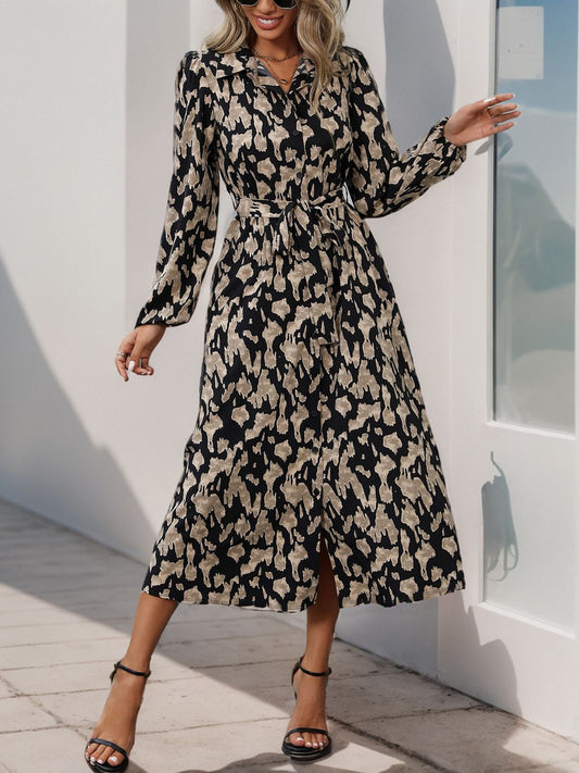 Printed Long Sleeve Midi Dress - OMG! Rose