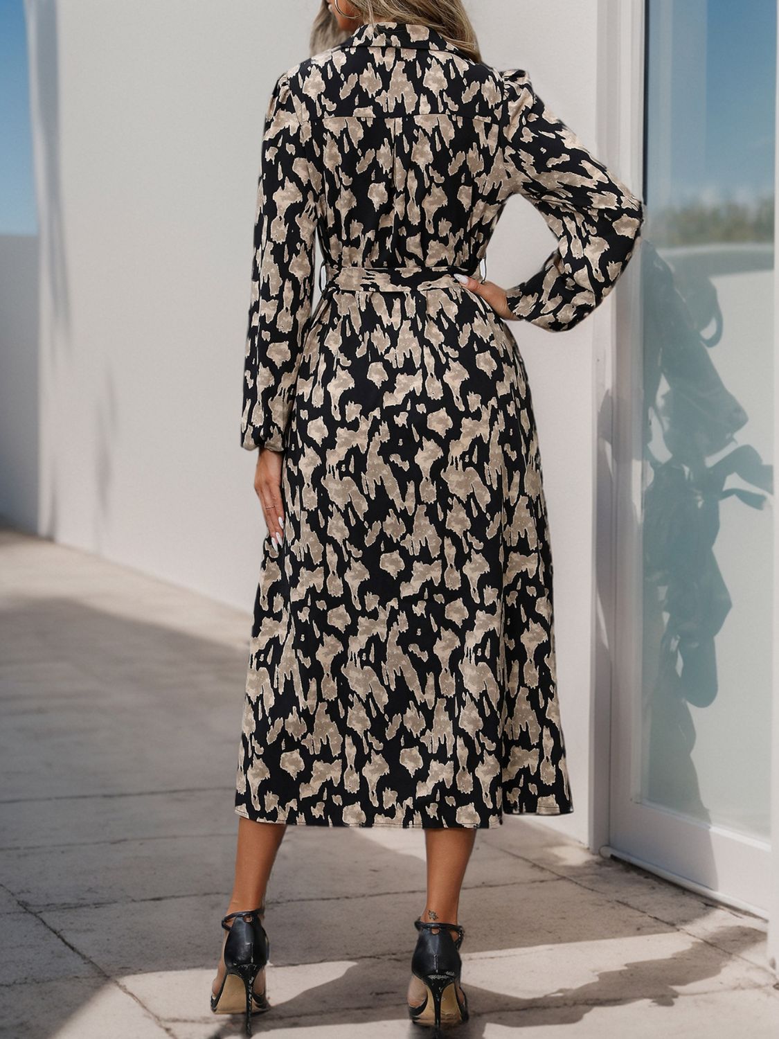 Printed Long Sleeve Midi Dress - OMG! Rose