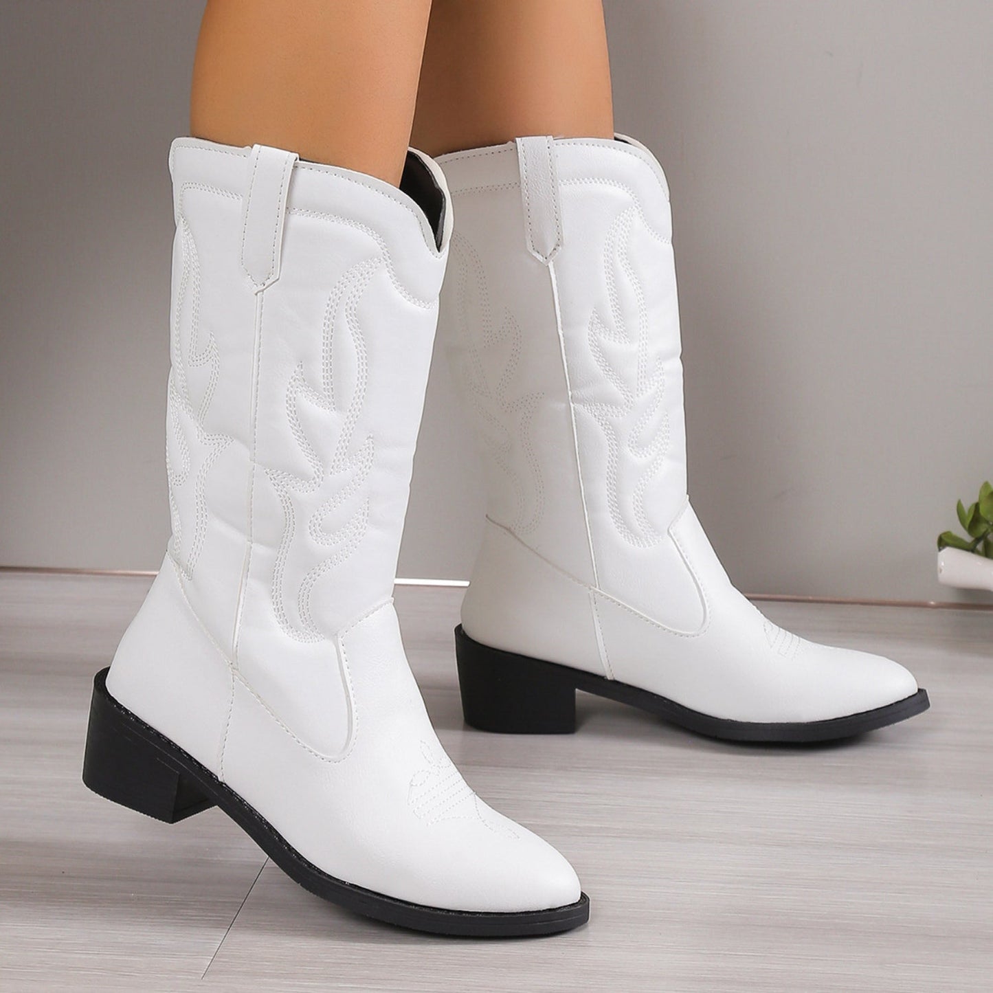 PU Leather Point Toe Block Heel Boots - OMG! Rose