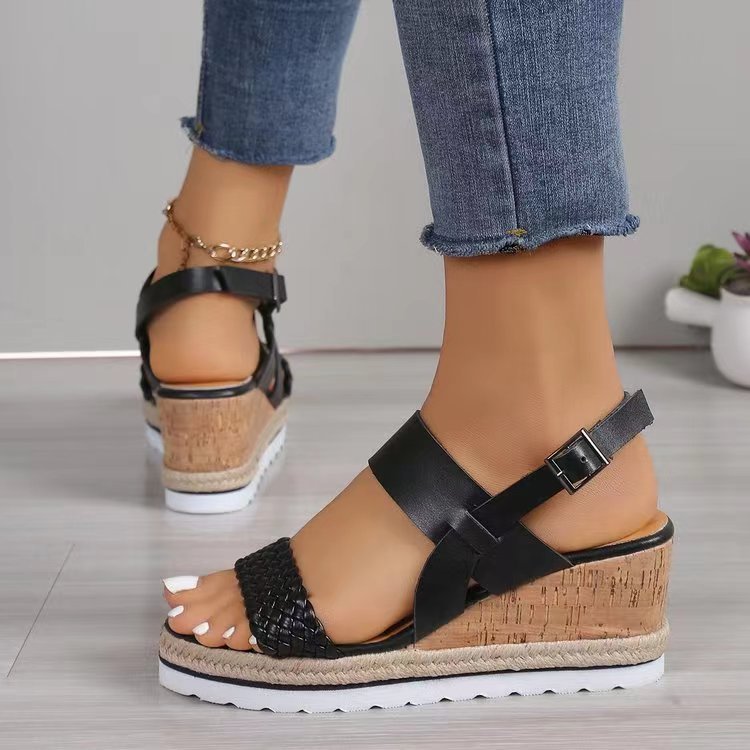 PU Leather Woven Wedge Sandals - OMG! Rose