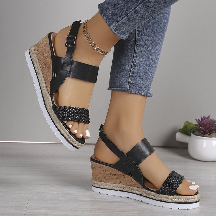 PU Leather Woven Wedge Sandals - OMG! Rose