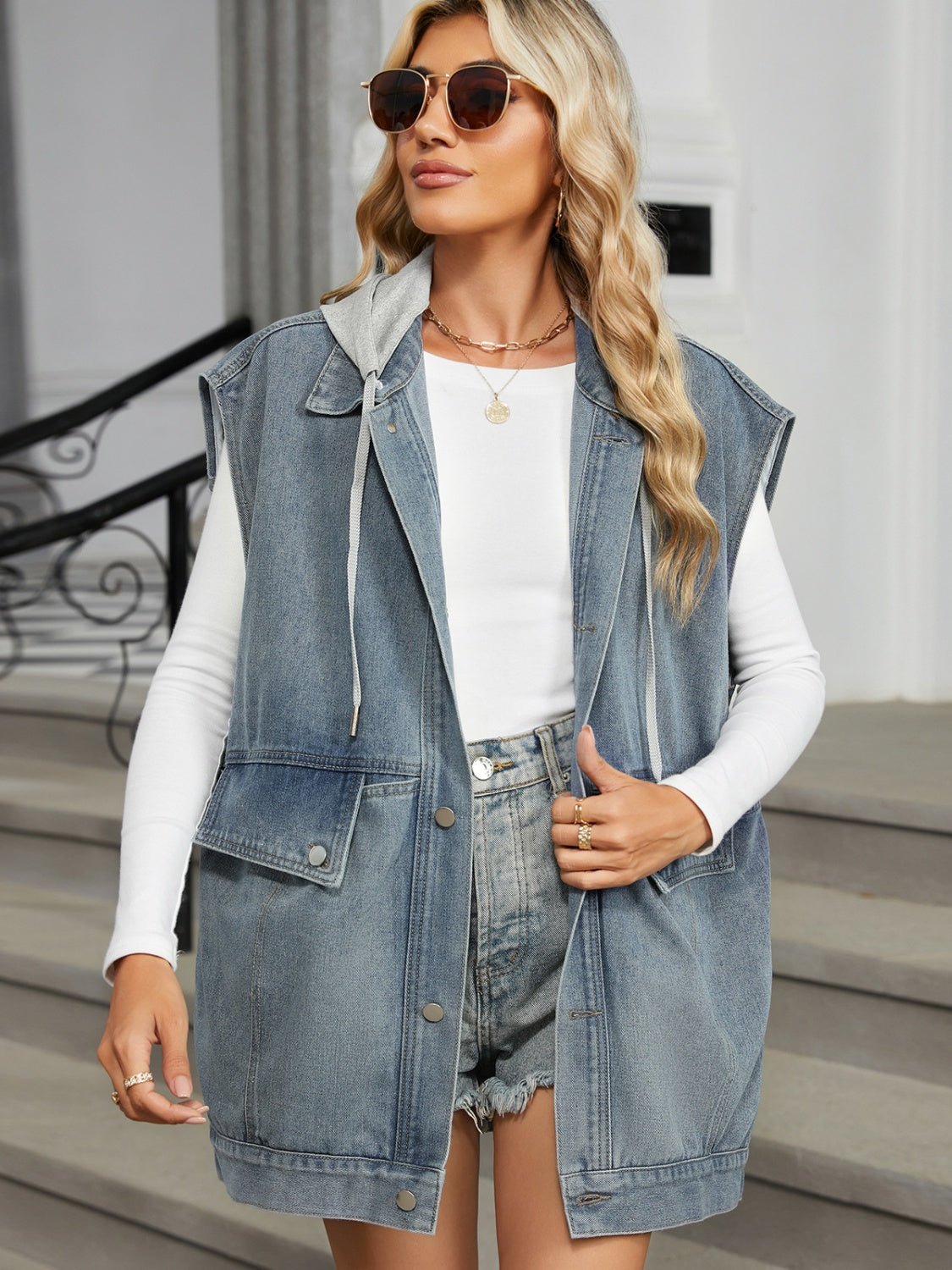 Removable Hood Button Up Cap Sleeve Denim Jacket - OMG! Rose