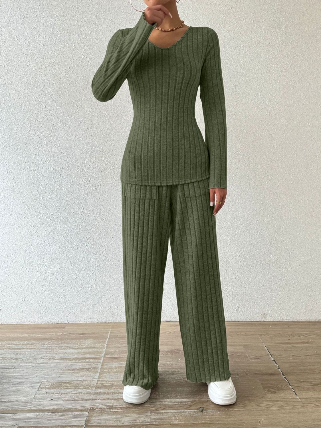 Ribbed V - Neck Long Sleeve Top and Pocketed Pants Set - OMG! Rose