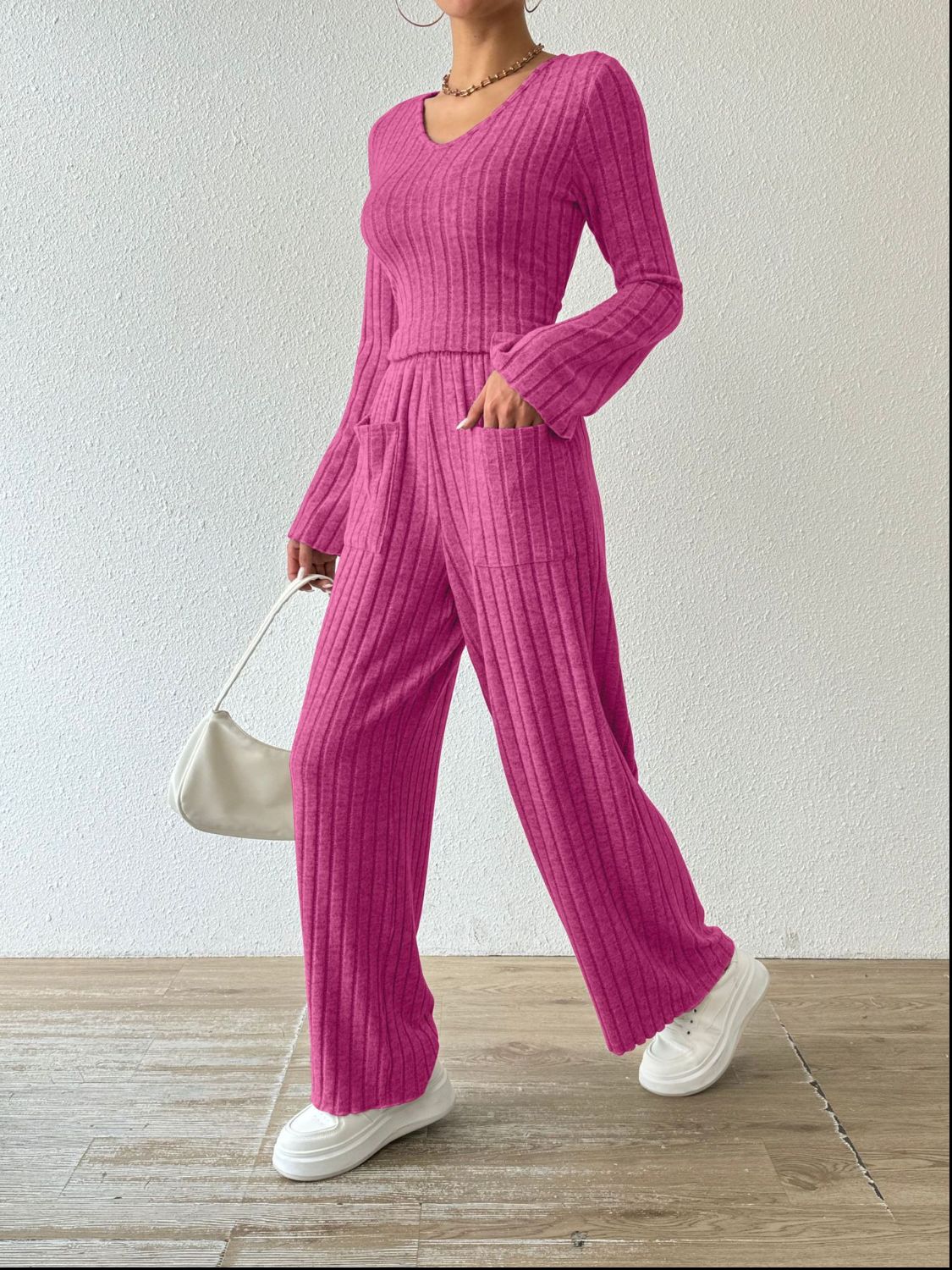 Ribbed V - Neck Long Sleeve Top and Pocketed Pants Set - OMG! Rose