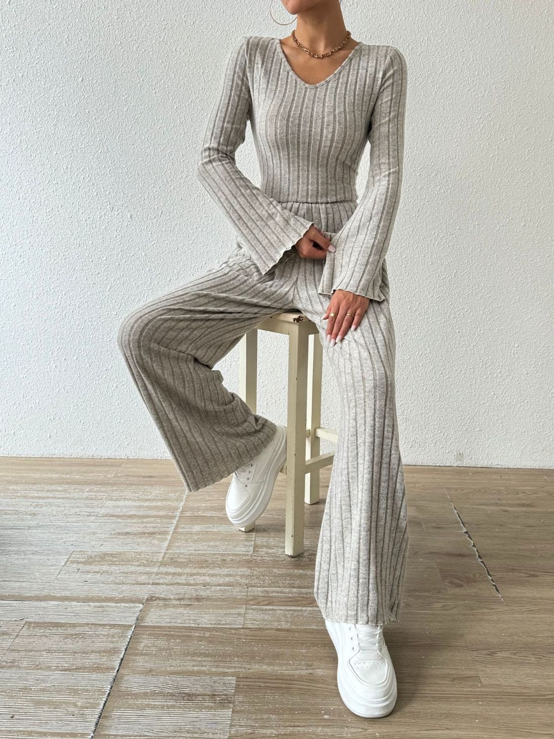 Ribbed V - Neck Long Sleeve Top and Pocketed Pants Set - OMG! Rose