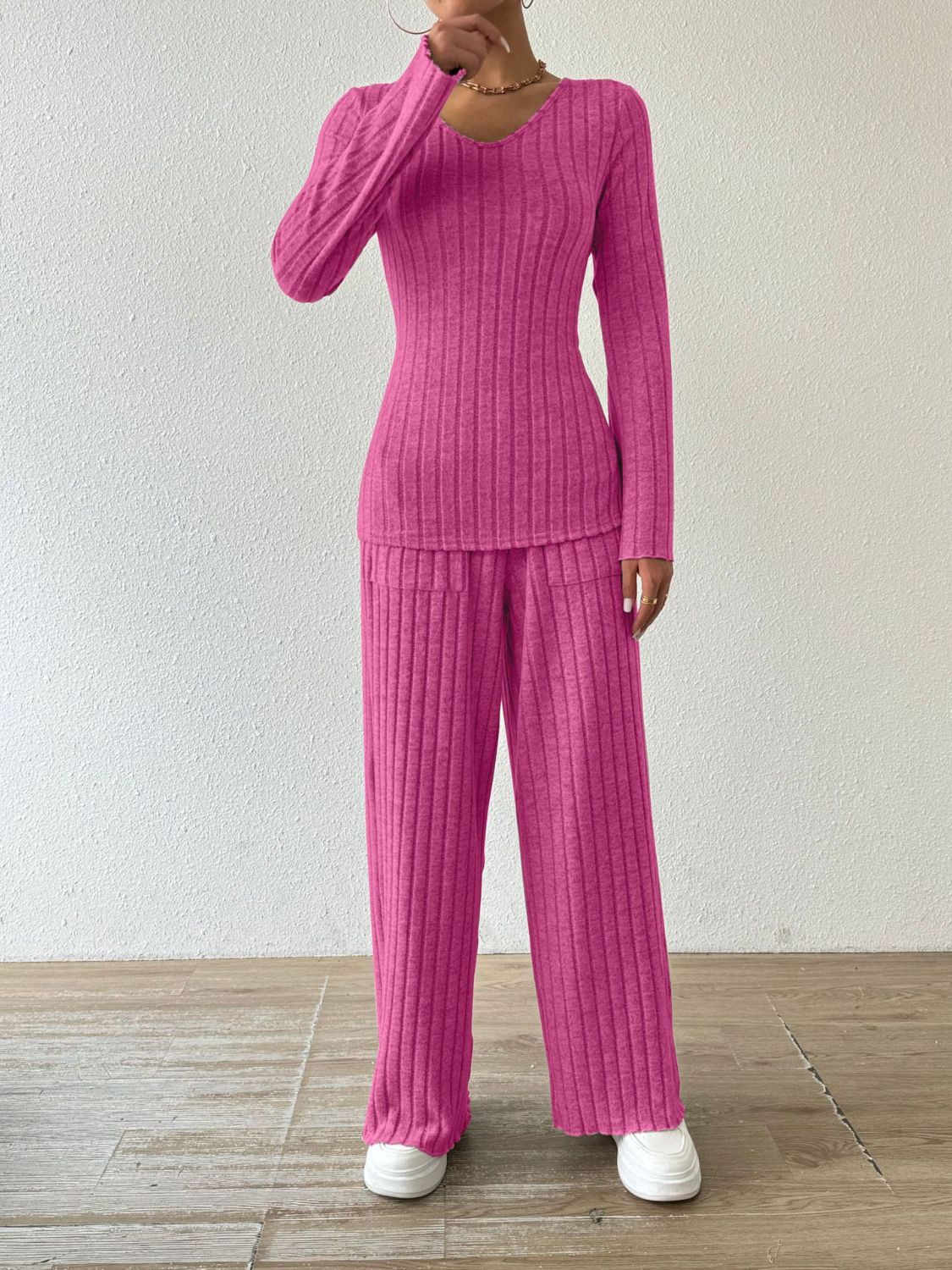 Ribbed V - Neck Long Sleeve Top and Pocketed Pants Set - OMG! Rose