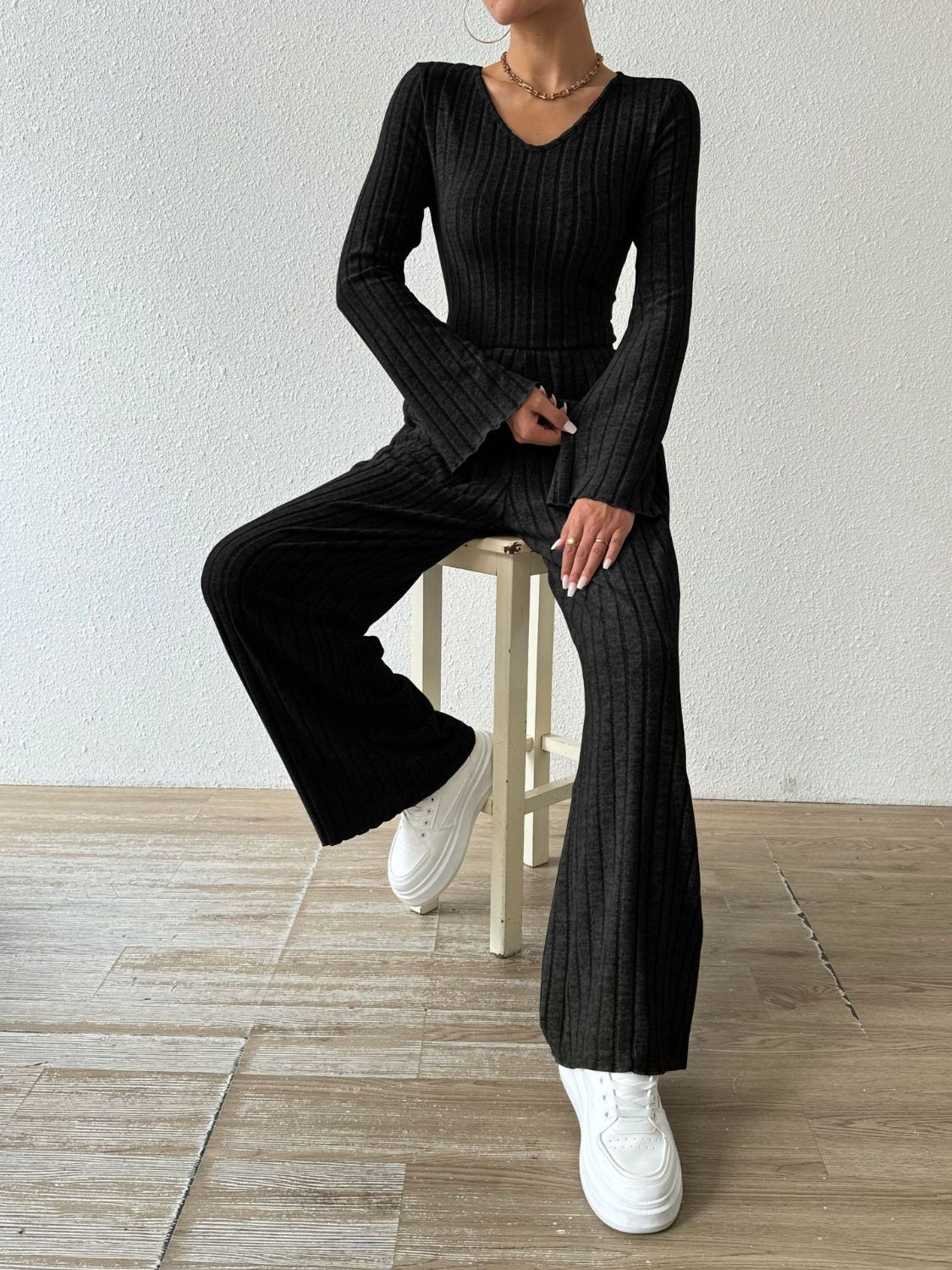 Ribbed V - Neck Long Sleeve Top and Pocketed Pants Set - OMG! Rose