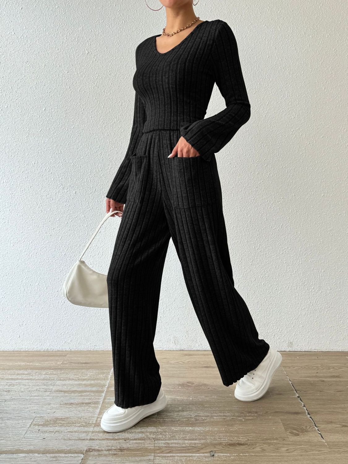 Ribbed V - Neck Long Sleeve Top and Pocketed Pants Set - OMG! Rose