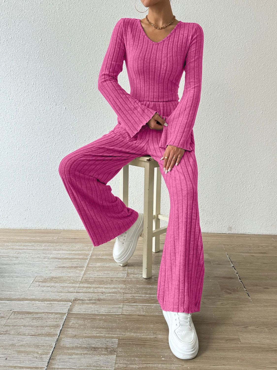 Ribbed V - Neck Long Sleeve Top and Pocketed Pants Set - OMG! Rose