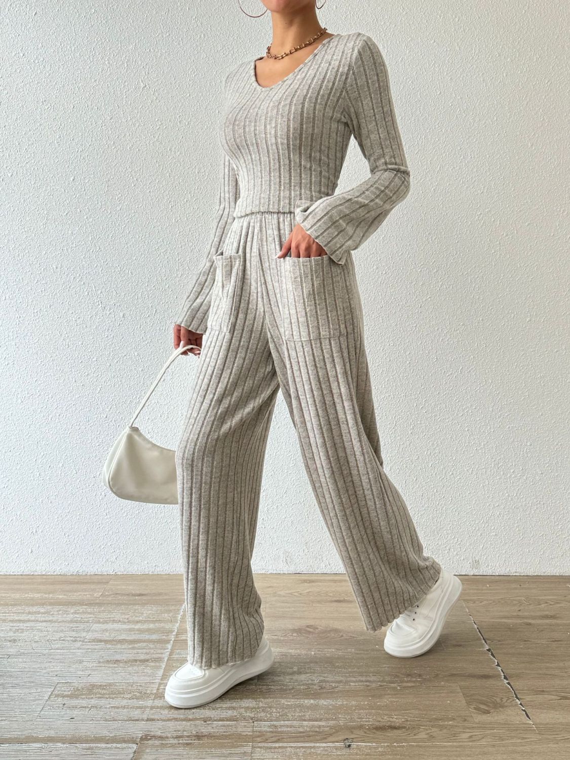 Ribbed V - Neck Long Sleeve Top and Pocketed Pants Set - OMG! Rose