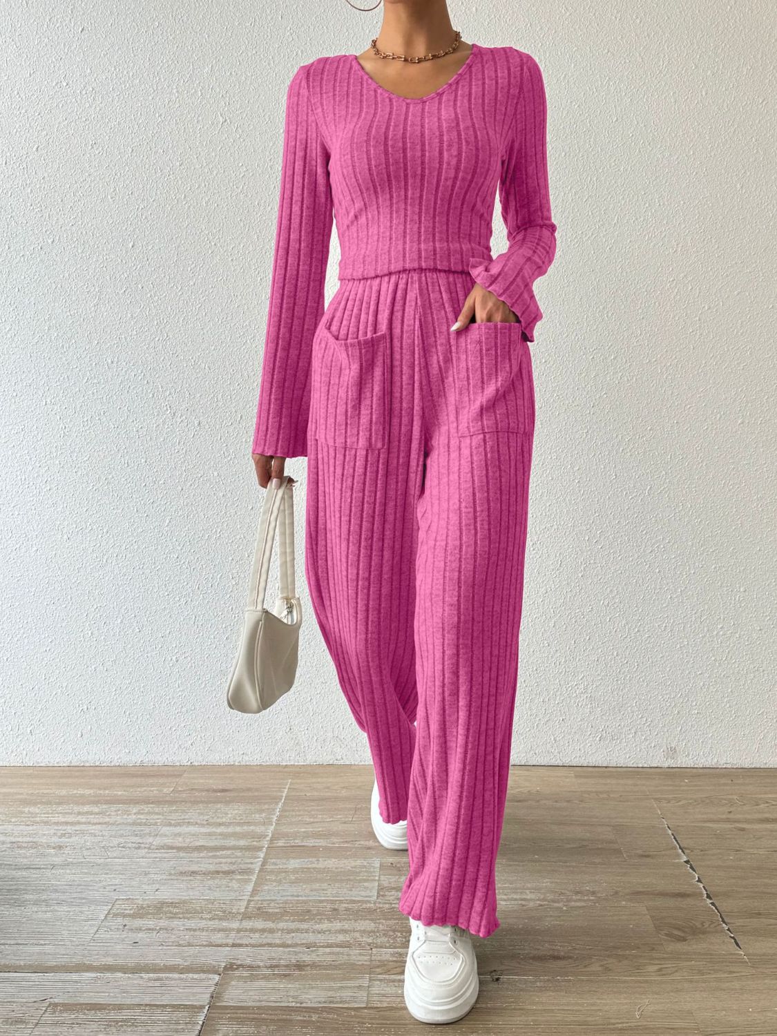 Ribbed V - Neck Long Sleeve Top and Pocketed Pants Set - OMG! Rose