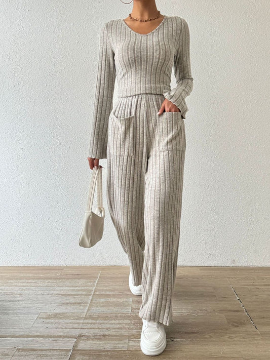 Ribbed V - Neck Long Sleeve Top and Pocketed Pants Set - OMG! Rose