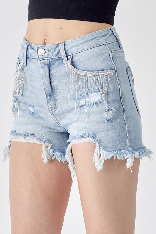 RISEN Frayed Hem Denim Shorts with Fringe Detail Pockets - OMG! Rose