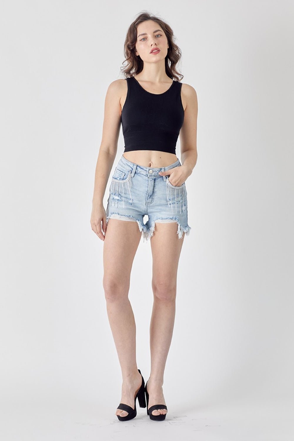 RISEN Frayed Hem Denim Shorts with Fringe Detail Pockets - OMG! Rose