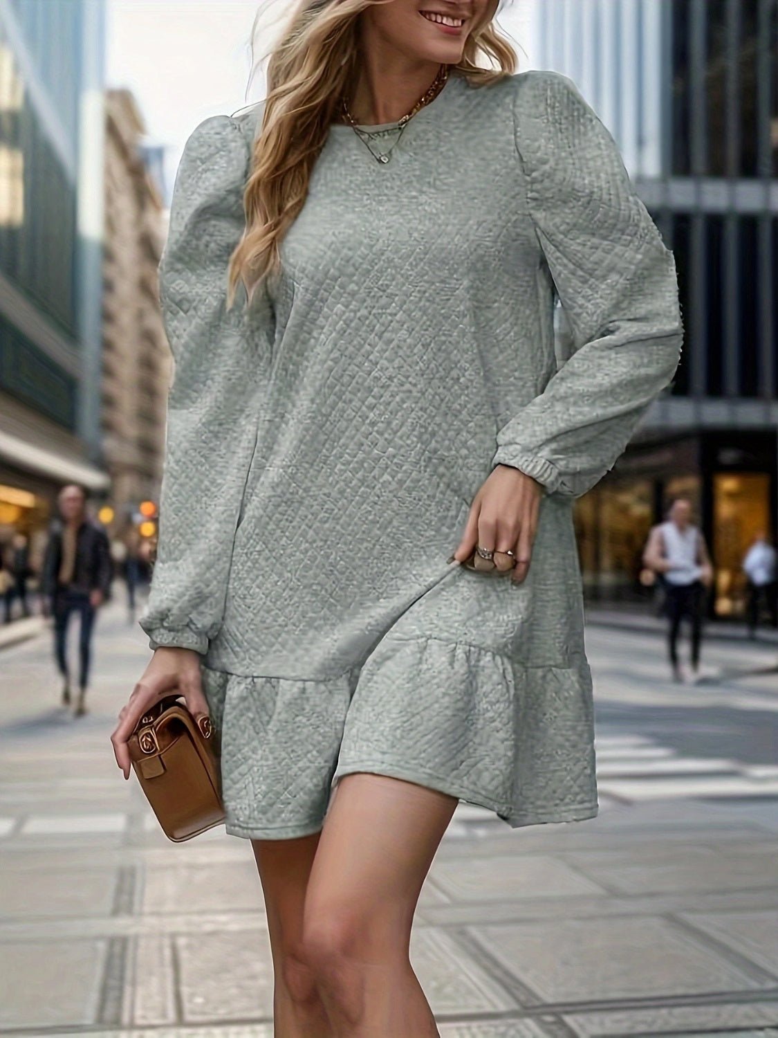 Round Neck Long Sleeve Mini Dress - OMG! Rose