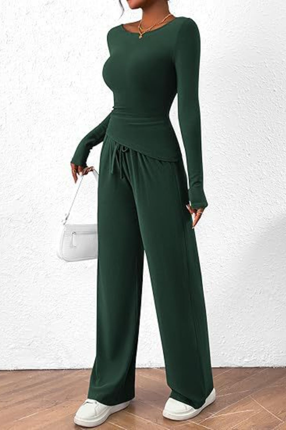 Round Neck Long Sleeve Top and Pants Set - OMG! Rose