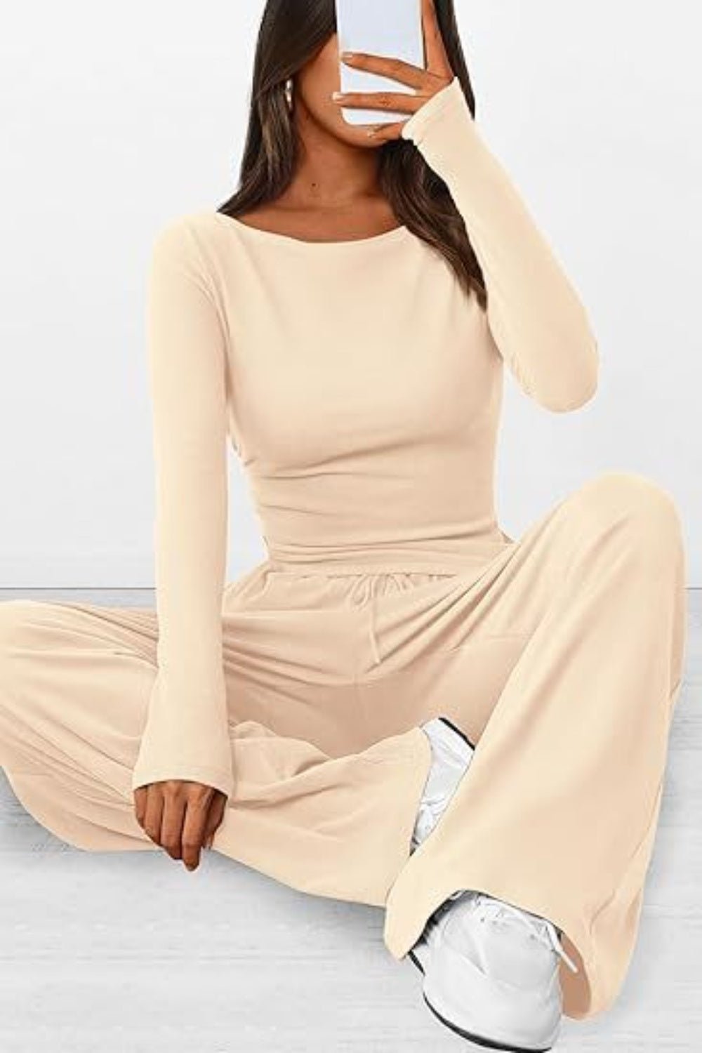 Round Neck Long Sleeve Top and Pants Set - OMG! Rose