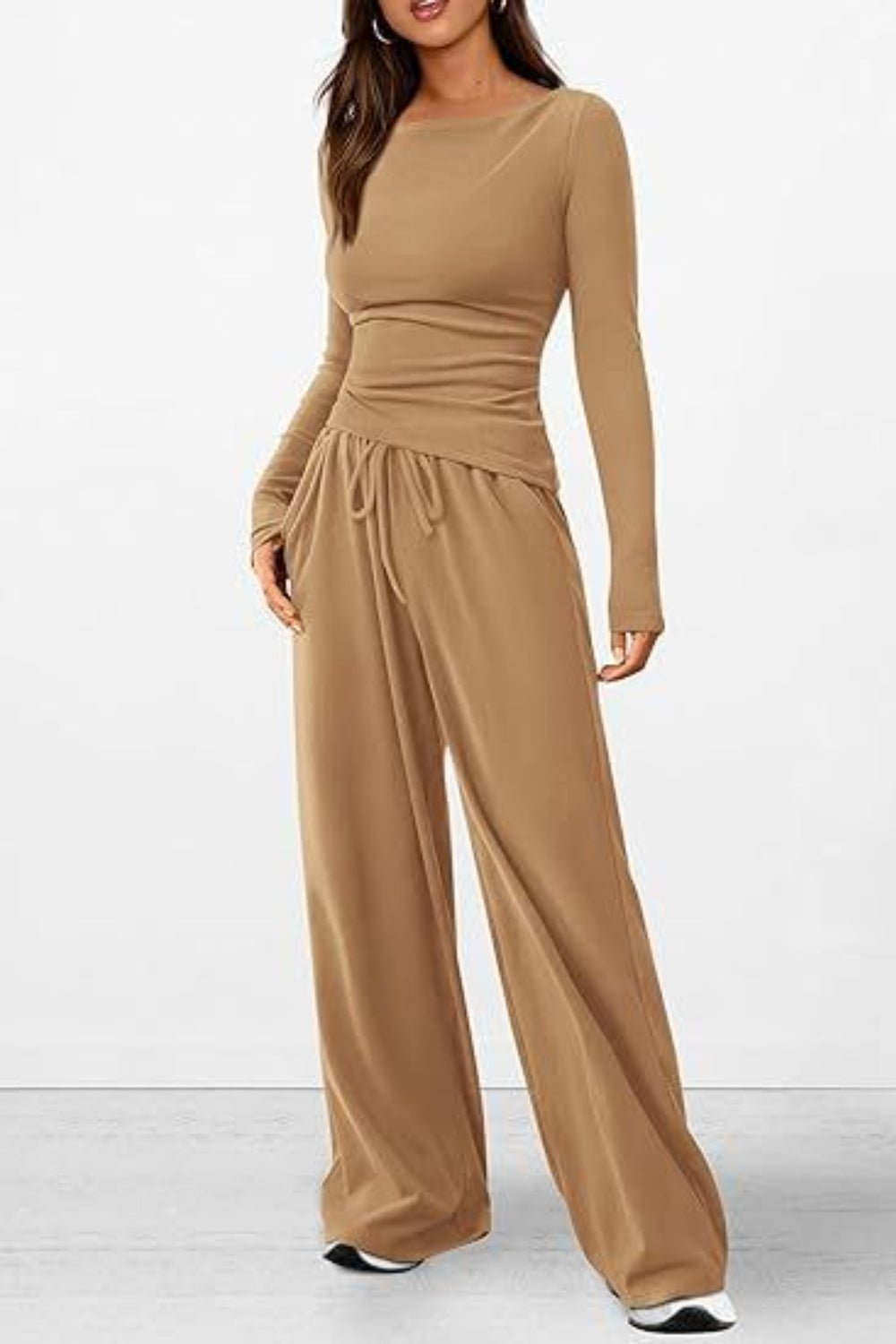 Round Neck Long Sleeve Top and Pants Set - OMG! Rose