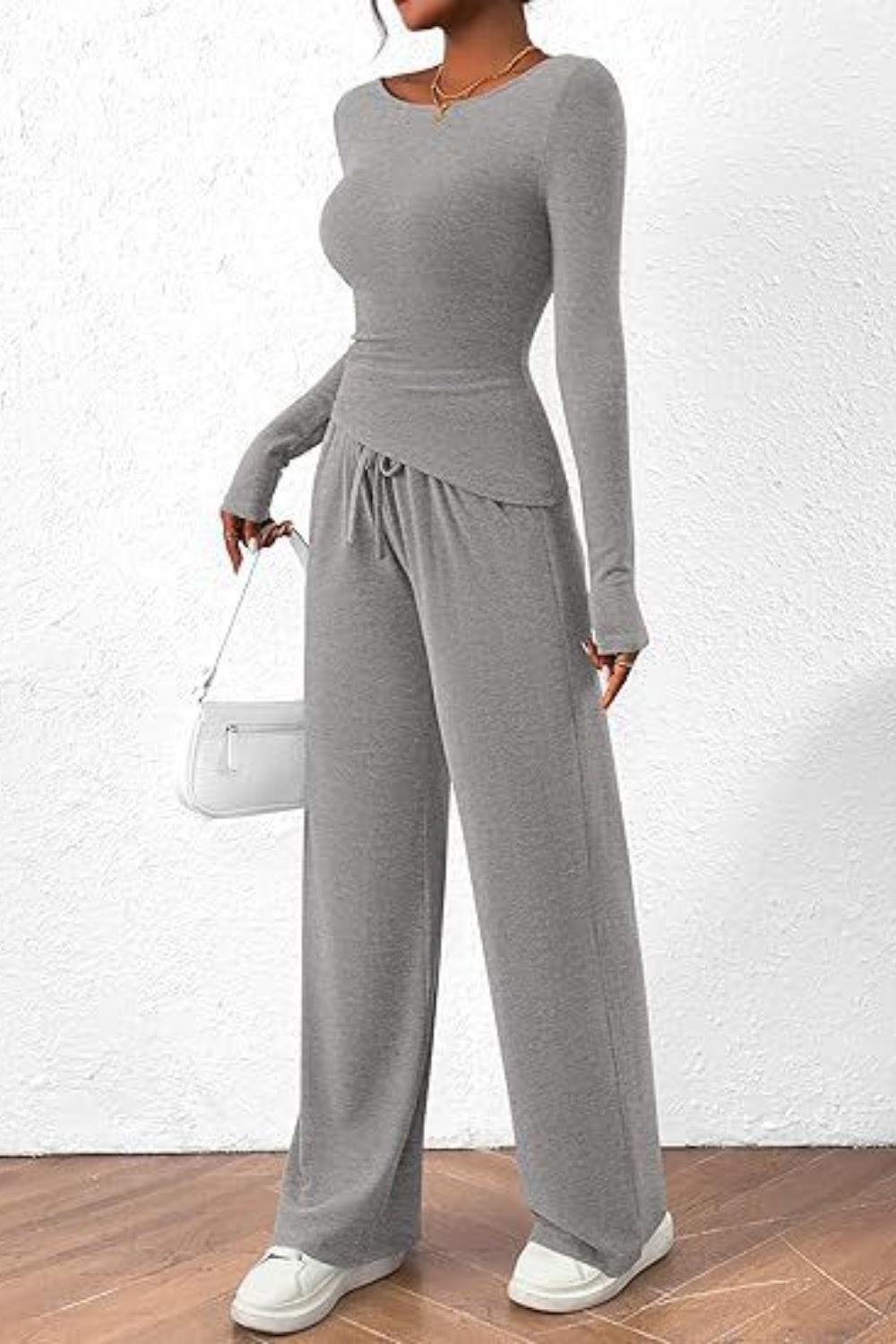 Round Neck Long Sleeve Top and Pants Set - OMG! Rose