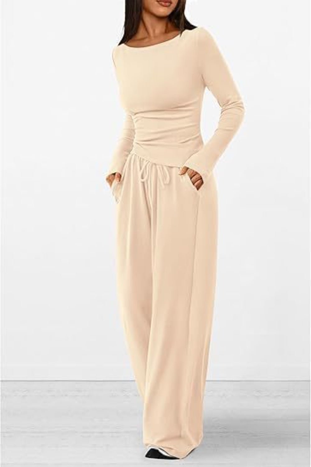 Round Neck Long Sleeve Top and Pants Set - OMG! Rose