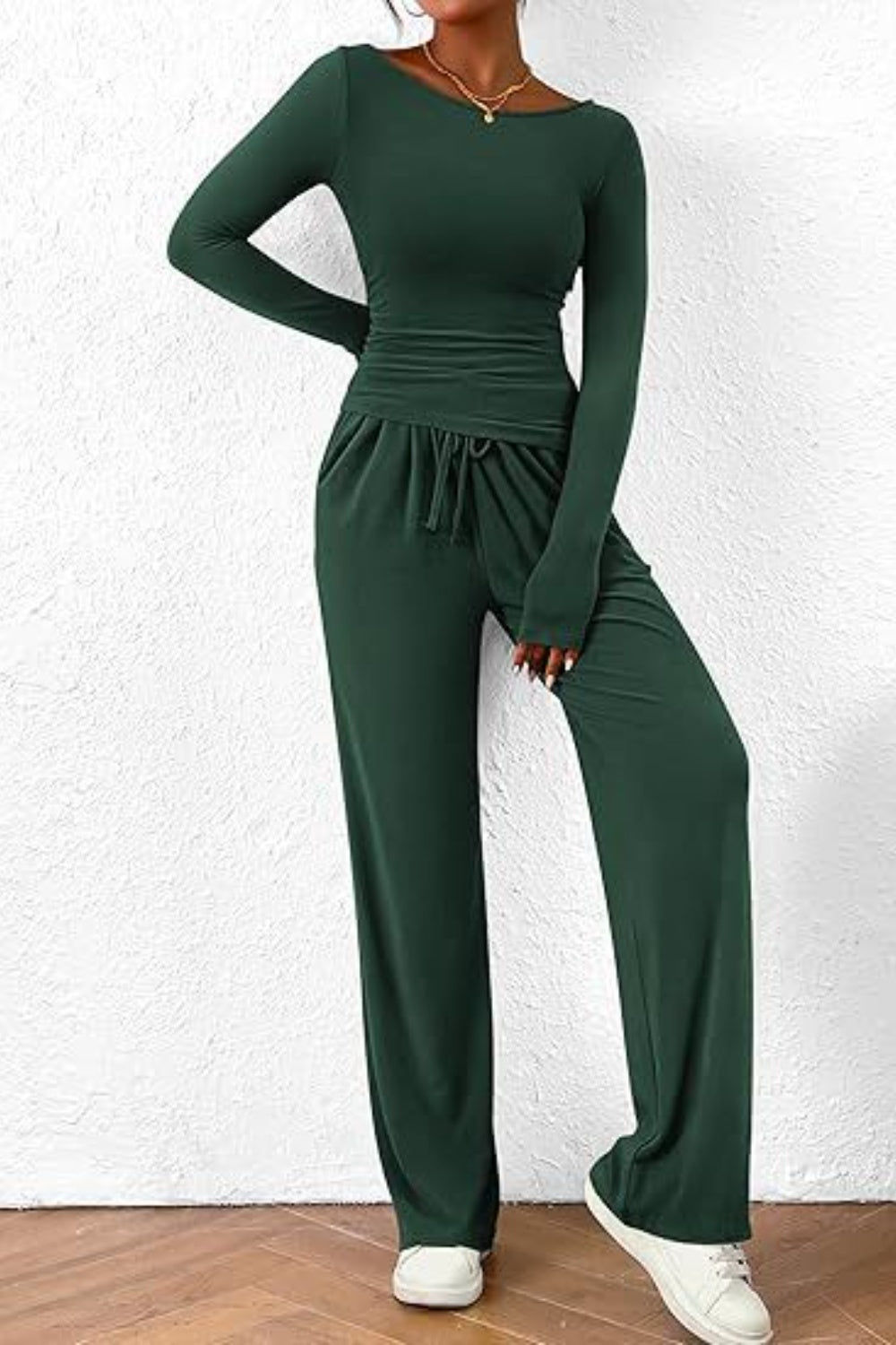 Round Neck Long Sleeve Top and Pants Set - OMG! Rose