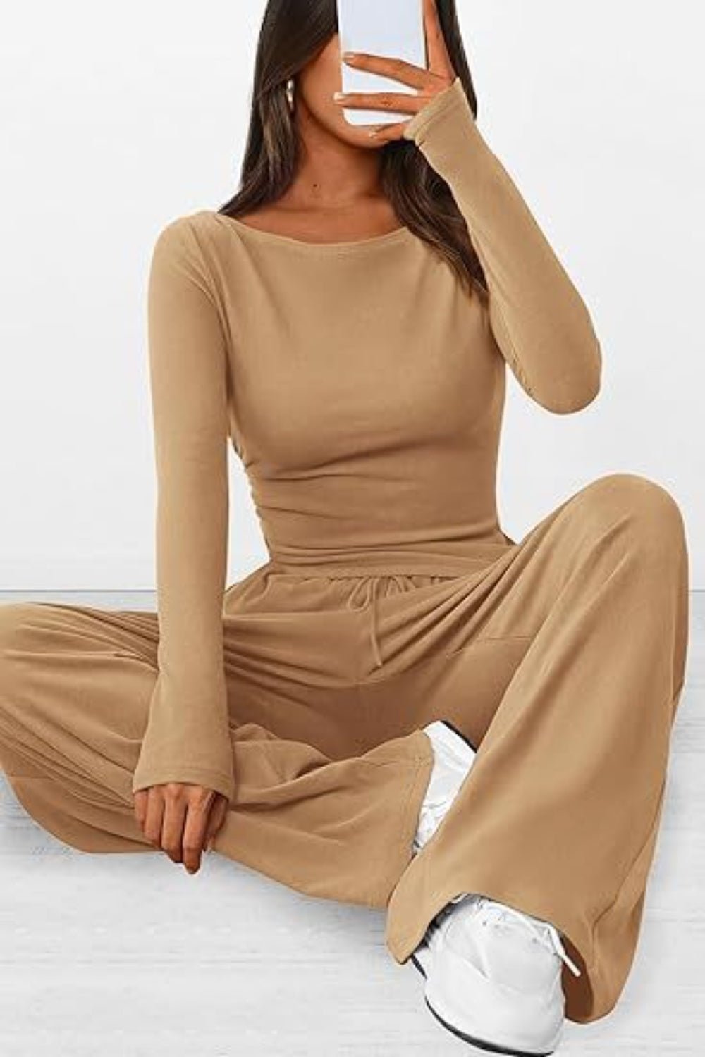 Round Neck Long Sleeve Top and Pants Set - OMG! Rose