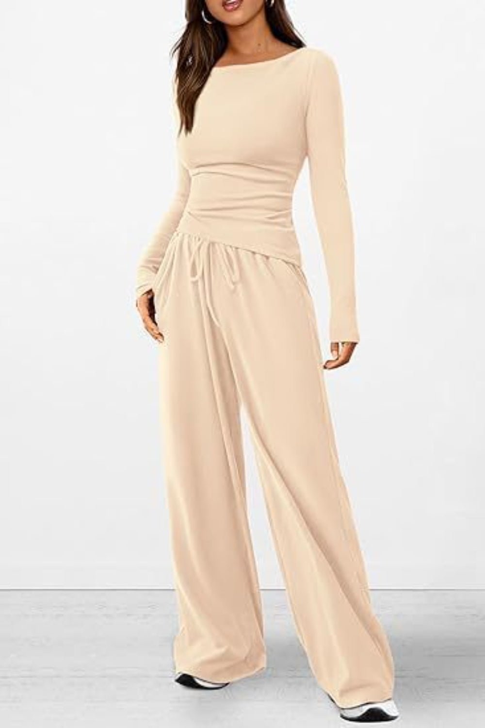 Round Neck Long Sleeve Top and Pants Set - OMG! Rose