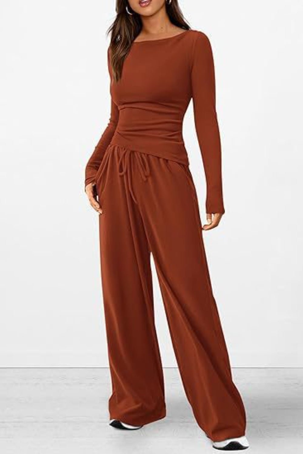 Round Neck Long Sleeve Top and Pants Set - OMG! Rose