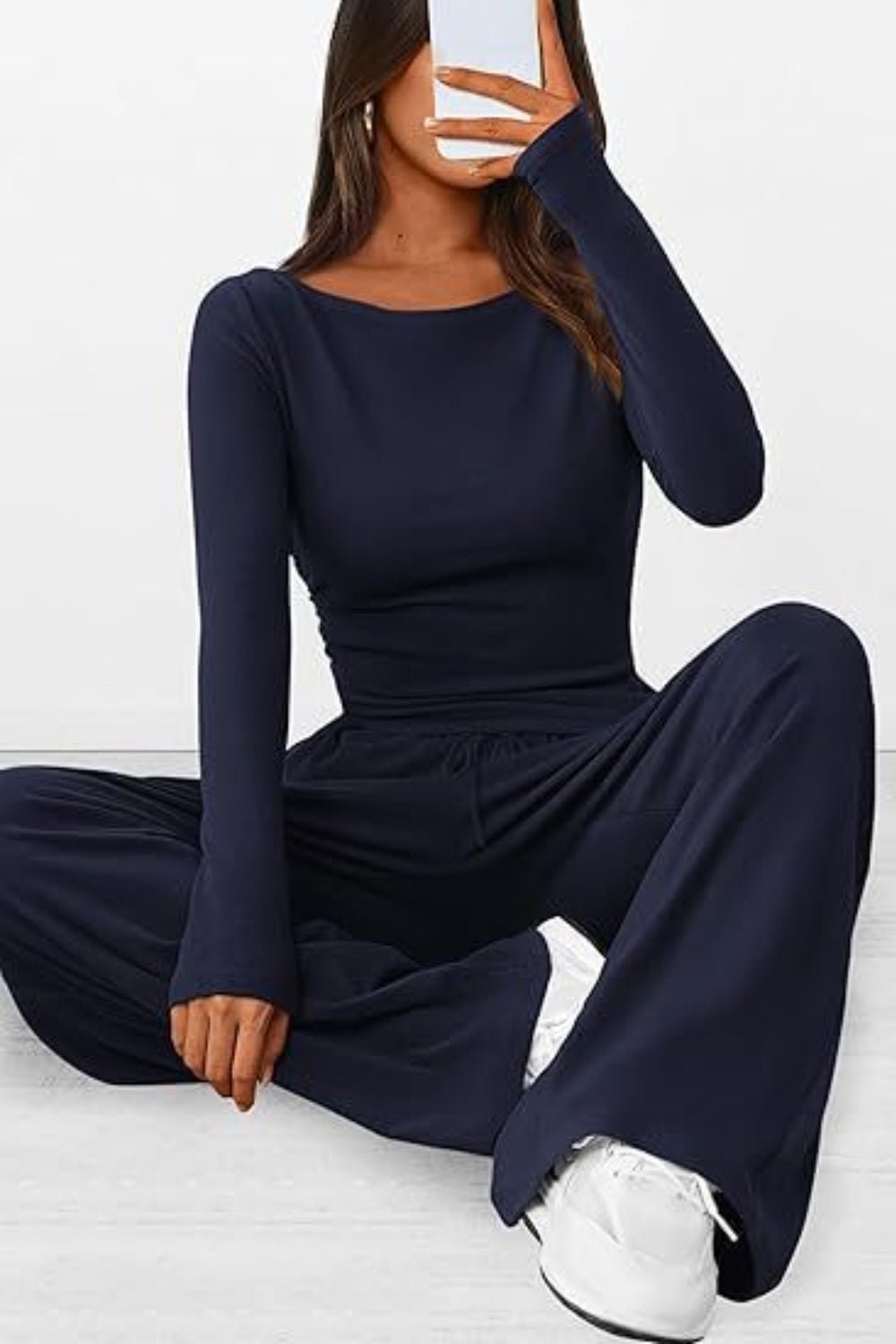 Round Neck Long Sleeve Top and Pants Set - OMG! Rose