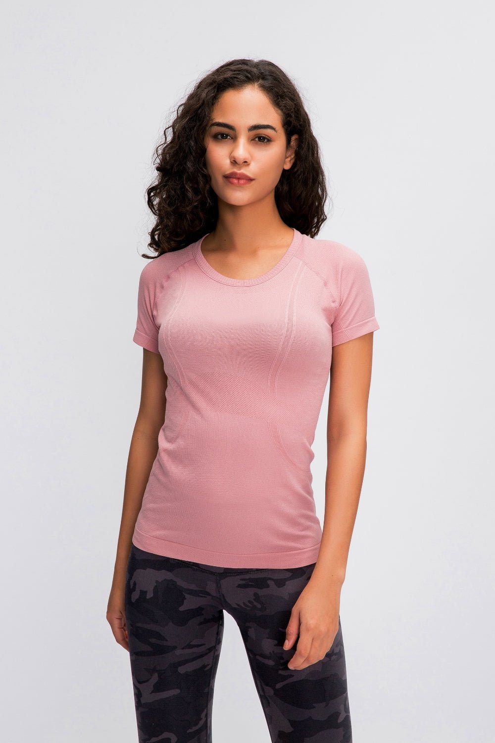 Round Neck Short Sleeve Active T-Shirt - OMG! Rose