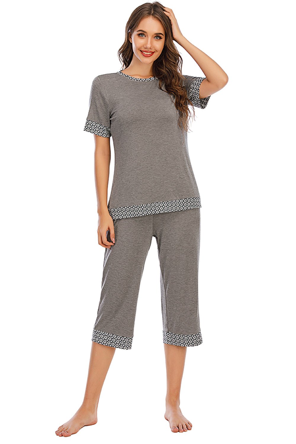 Round Neck Short Sleeve Top and Capris Pants Lounge Set - OMG! Rose