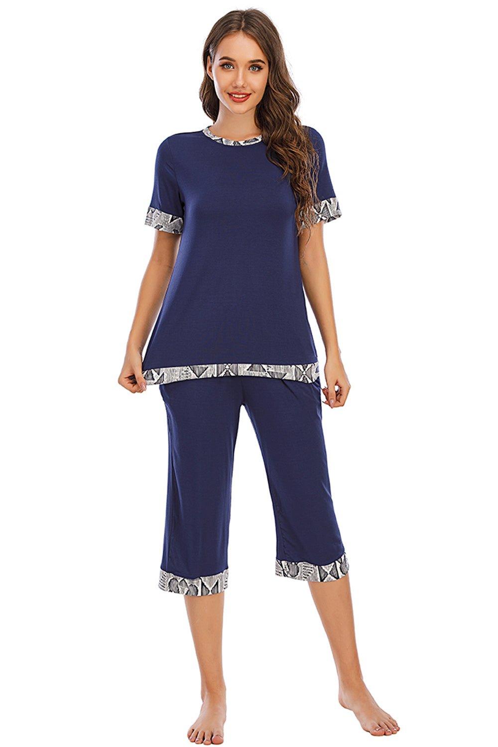 Round Neck Short Sleeve Top and Capris Pants Lounge Set - OMG! Rose