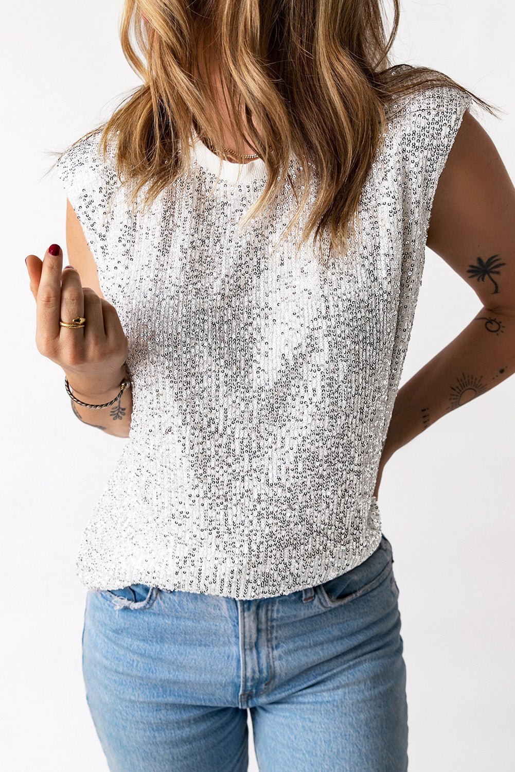 Sequin Round Neck Capped Sleeve Tank - OMG! Rose