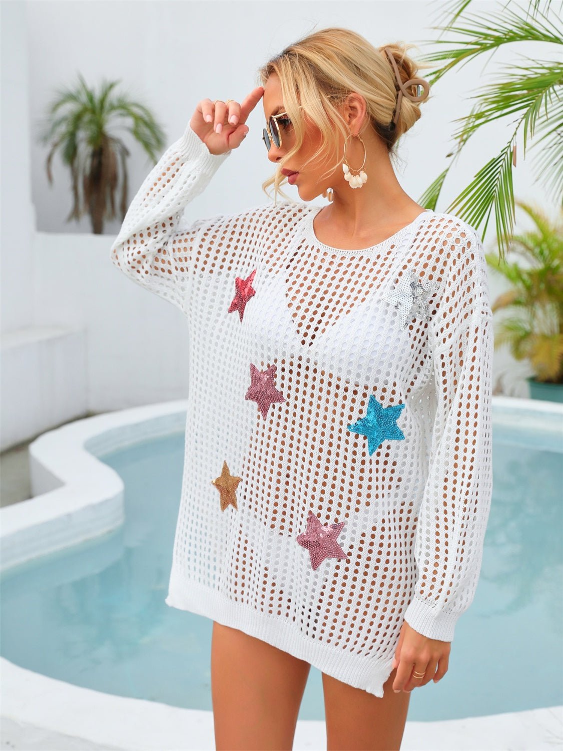 Sequin Star Round Neck Long Sleeve Cover Up - OMG! Rose