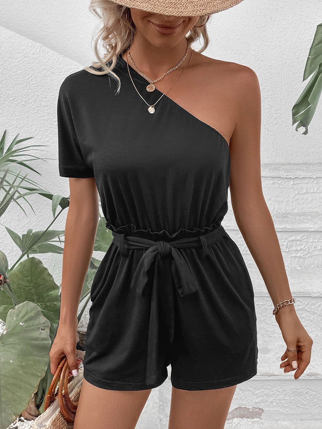 Single Shoulder Tie Waist Romper - OMG! Rose